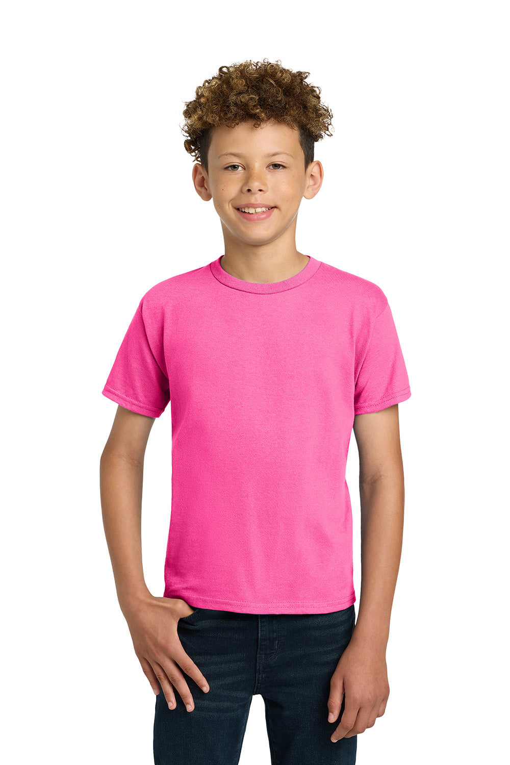 Gildan 2000B/G200B Youth Ultra Short Sleeve Crewneck T-Shirt Safety Pink Model Front