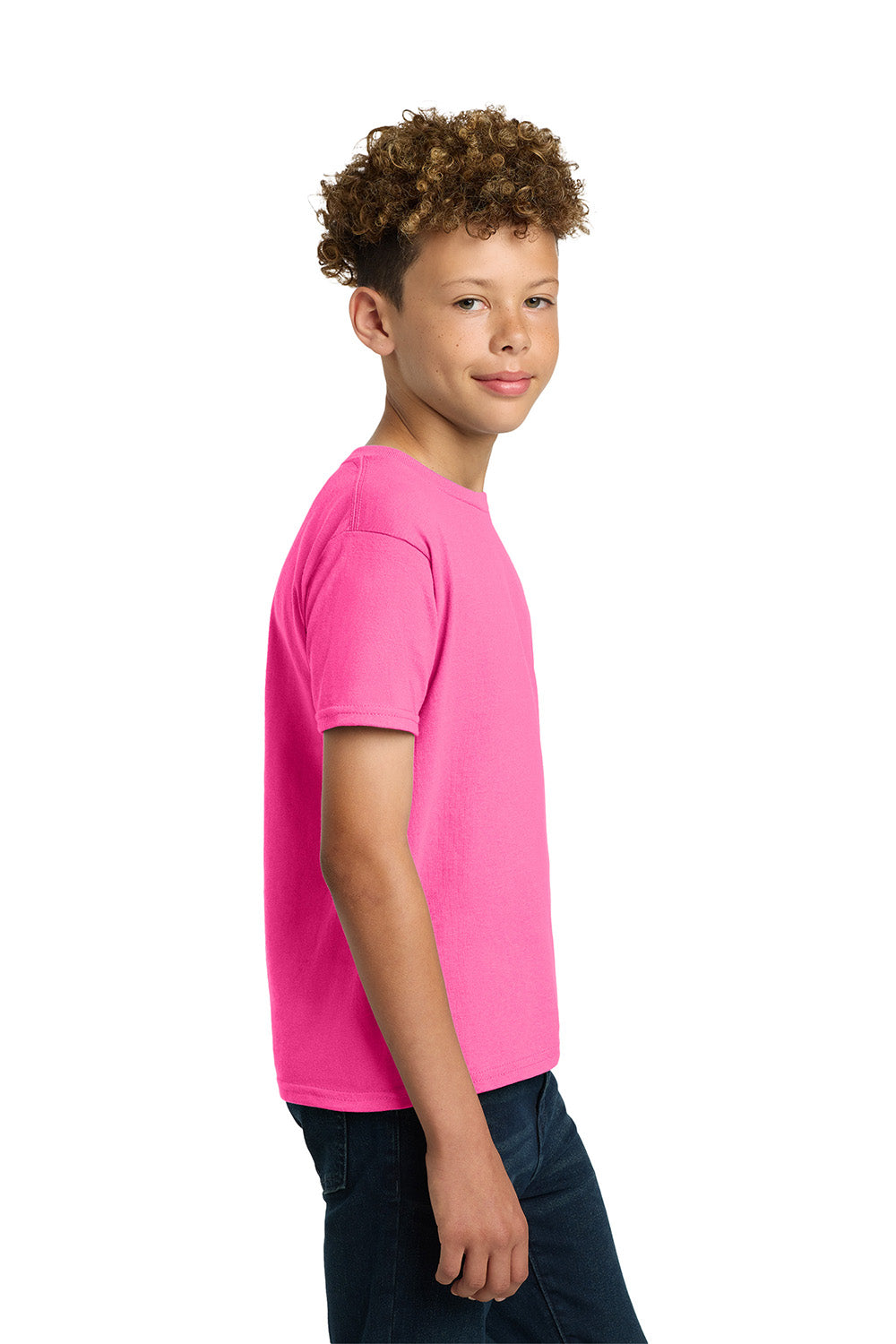 Gildan 2000B/G200B Youth Ultra Short Sleeve Crewneck T-Shirt Safety Pink Model Side