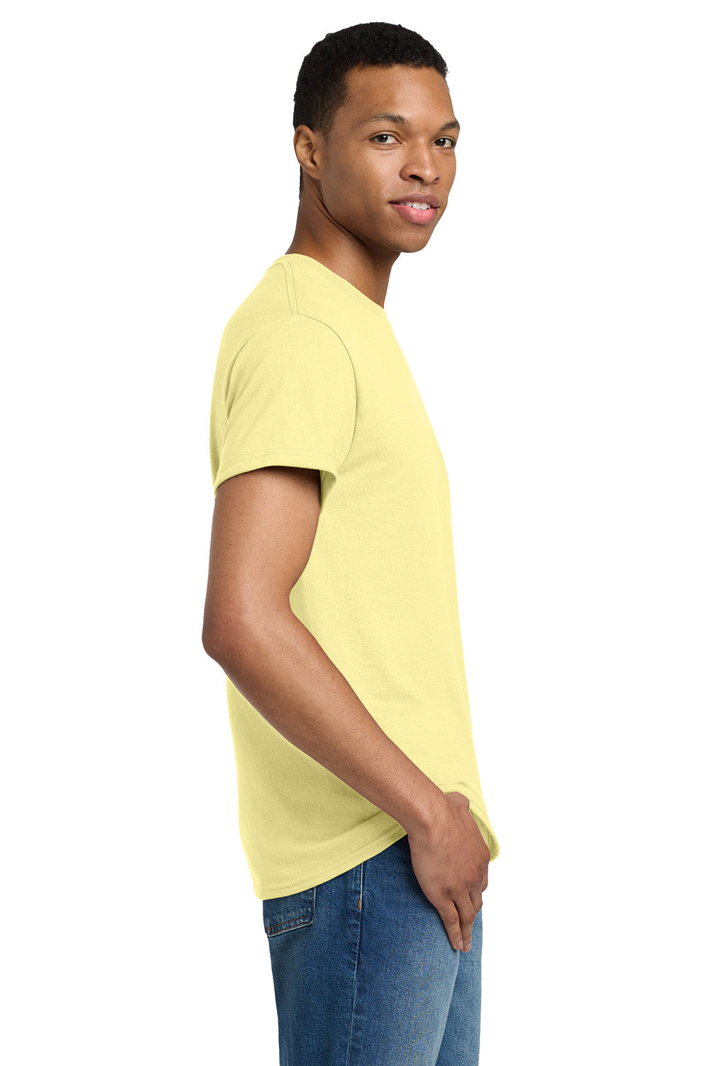 Gildan 2000/G200/G200T Mens Ultra Short Sleeve Crewneck T-Shirt Cornsilk Yellow Model Side