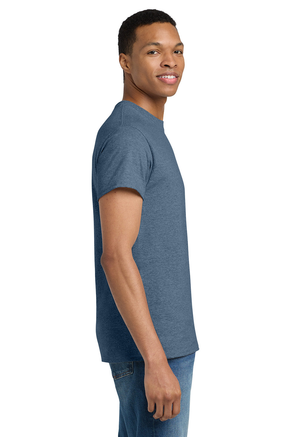 Gildan 2000/G200/G200T Mens Ultra Short Sleeve Crewneck T-Shirt Heather Indigo Blue Model Side