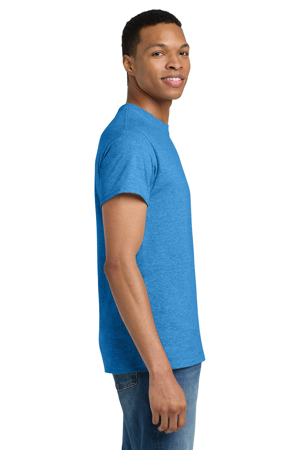 Gildan 2000/G200/G200T Mens Ultra Short Sleeve Crewneck T-Shirt Heather Sapphire Blue Model Side