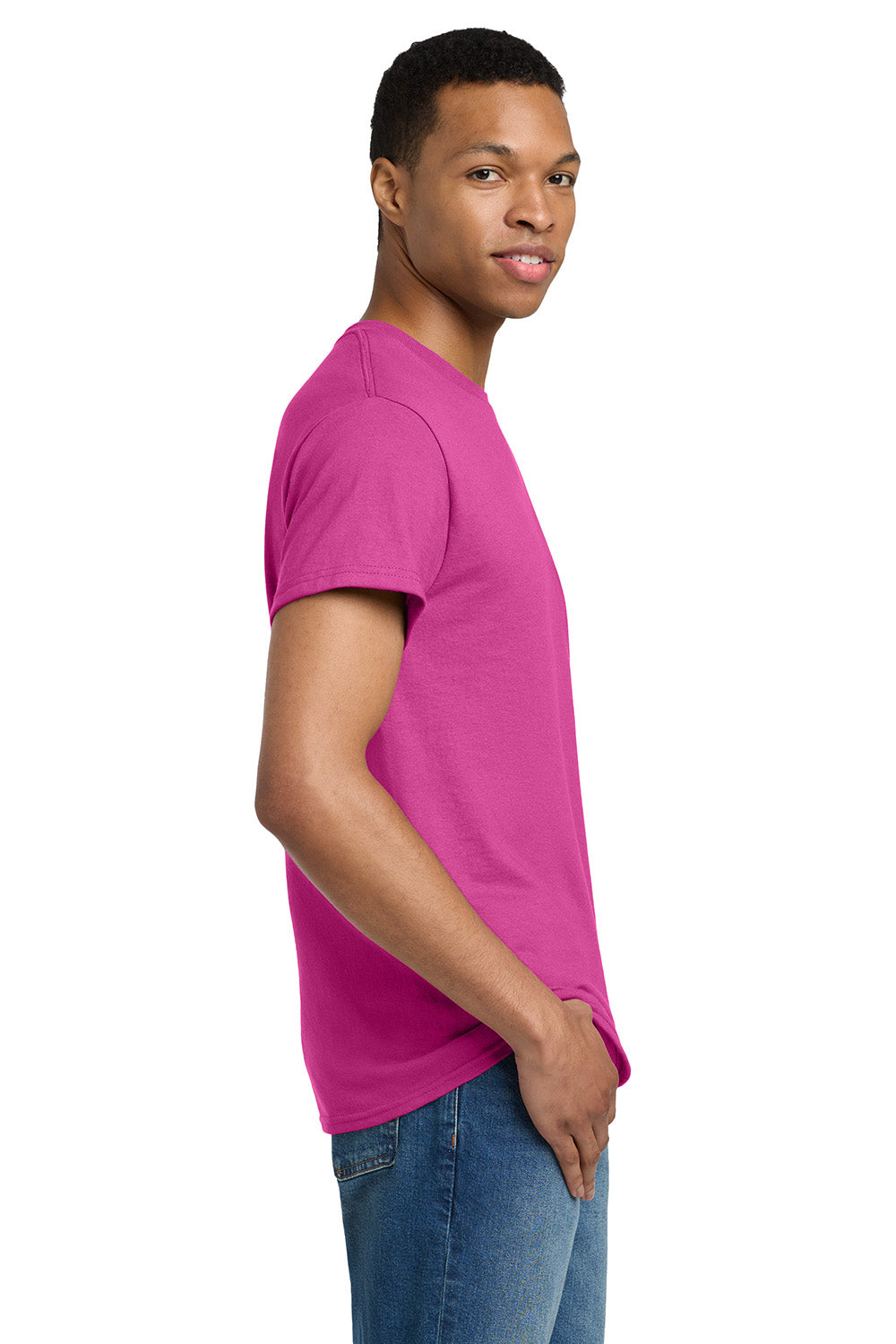 Gildan 2000/G200/G200T Mens Ultra Short Sleeve Crewneck T-Shirt Heliconia Pink Model Side