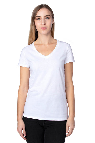 Threadfast Apparel 200RV Womens Ultimate Short Sleeve V-Neck T-Shirt White Model Front