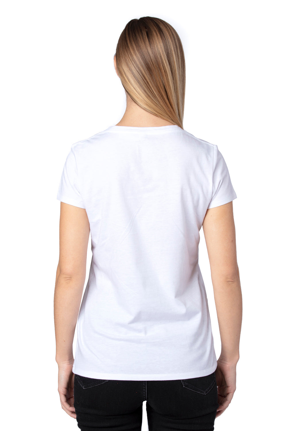 Threadfast Apparel 200RV Womens Ultimate Short Sleeve V-Neck T-Shirt White Model Back