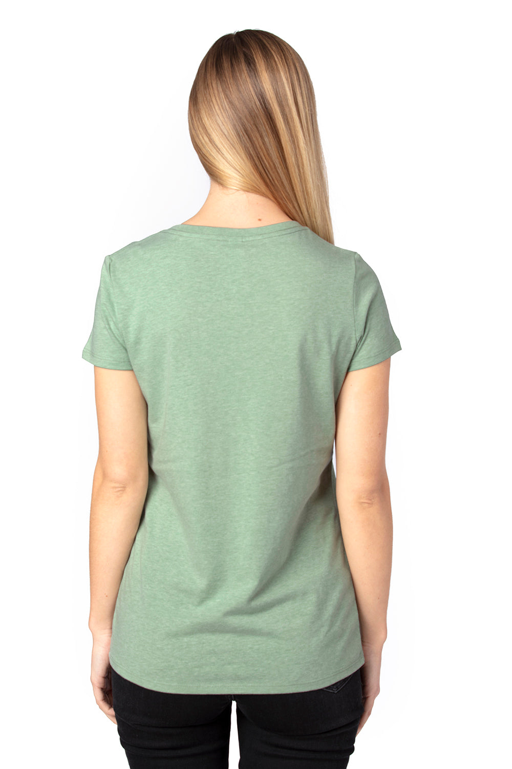 Threadfast Apparel 200RV Womens Ultimate Short Sleeve V-Neck T-Shirt Heather Army Green Model Back