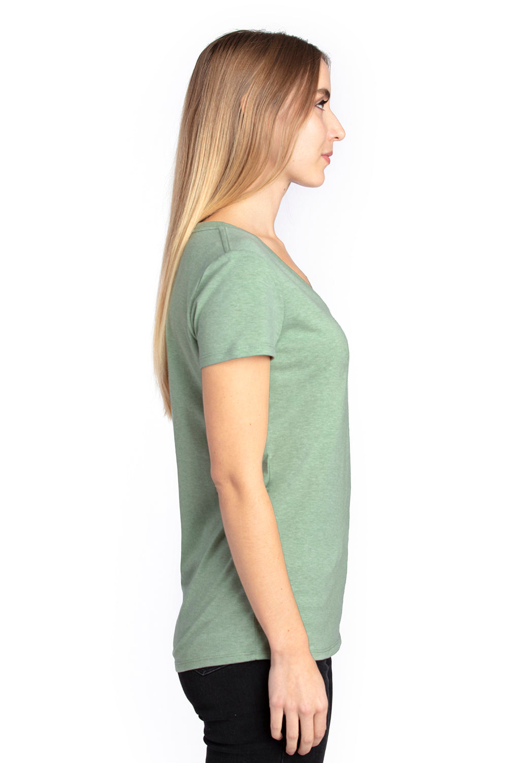 Threadfast Apparel 200RV Womens Ultimate Short Sleeve V-Neck T-Shirt Heather Army Green Model Side