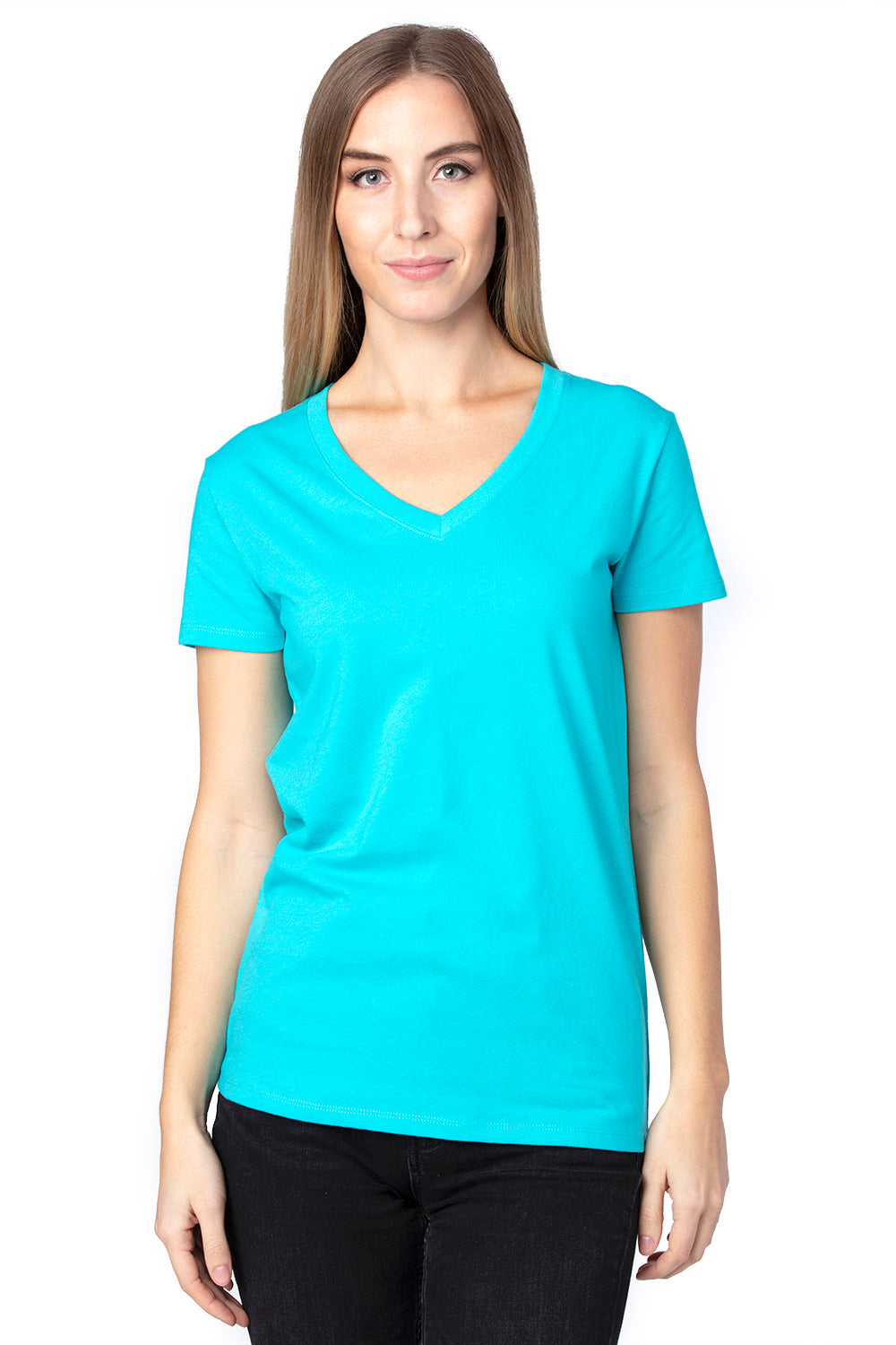 Threadfast Apparel 200RV Womens Ultimate Short Sleeve V-Neck T-Shirt Pacific Blue Model Front