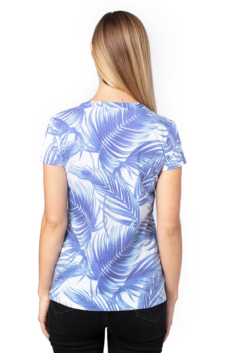 Threadfast Apparel 200RV Womens Ultimate Short Sleeve V-Neck T-Shirt Palm Paradise Model Back