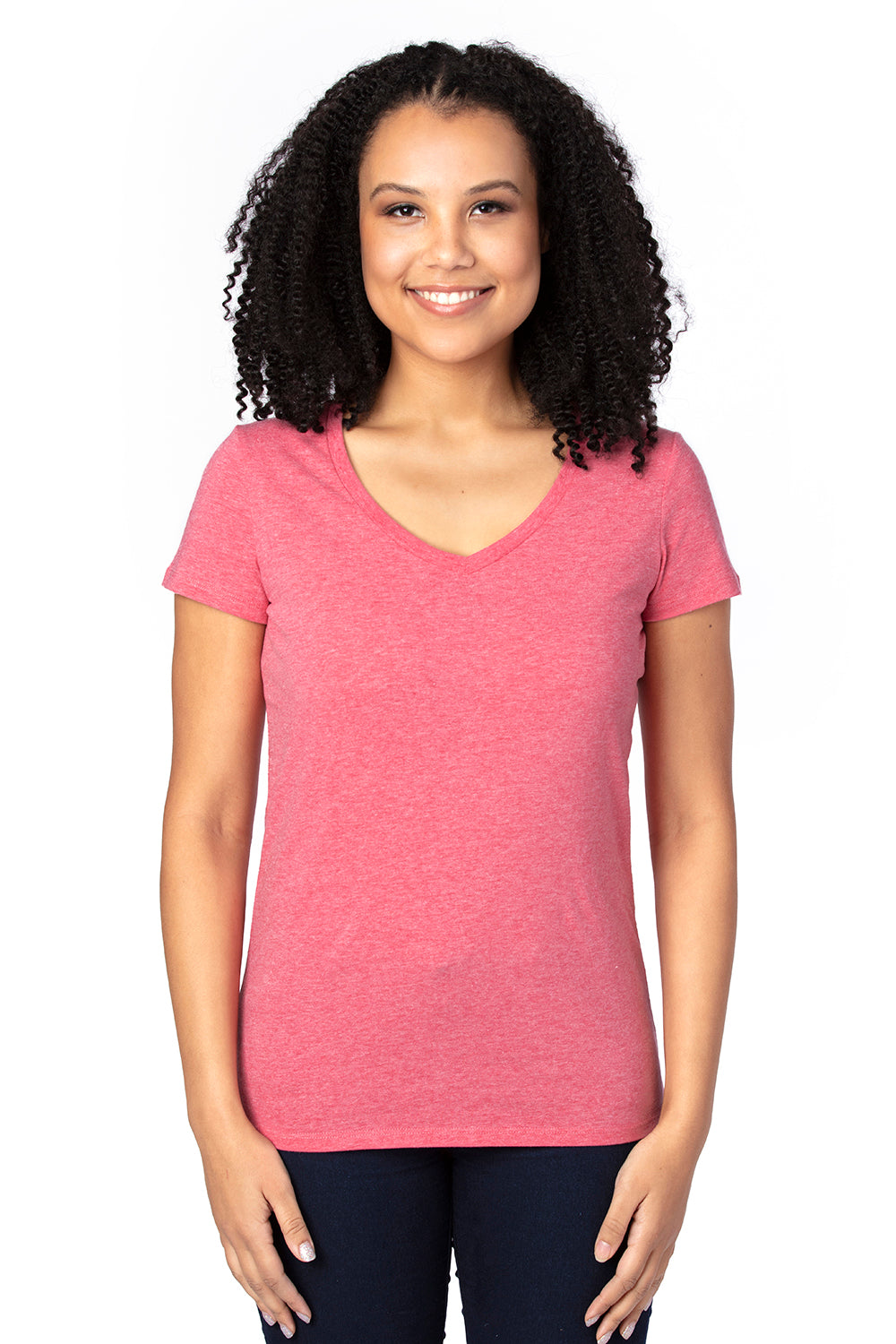 Threadfast Apparel 200RV Womens Ultimate Short Sleeve V-Neck T-Shirt Heather Red Model Front