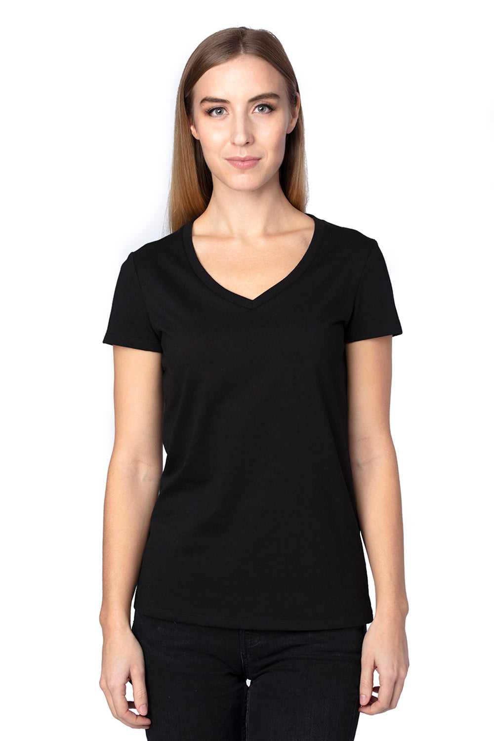 Threadfast Apparel 200RV Womens Ultimate Short Sleeve V-Neck T-Shirt Black Model Front