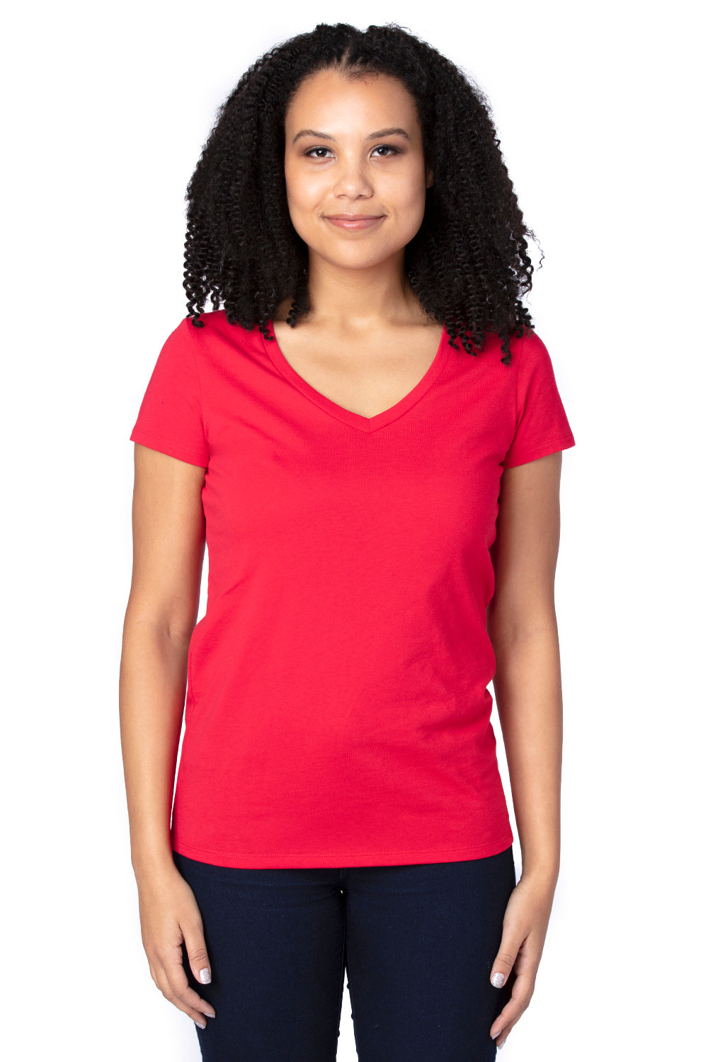 Threadfast Apparel 200RV Womens Ultimate Short Sleeve V-Neck T-Shirt Red Model Front