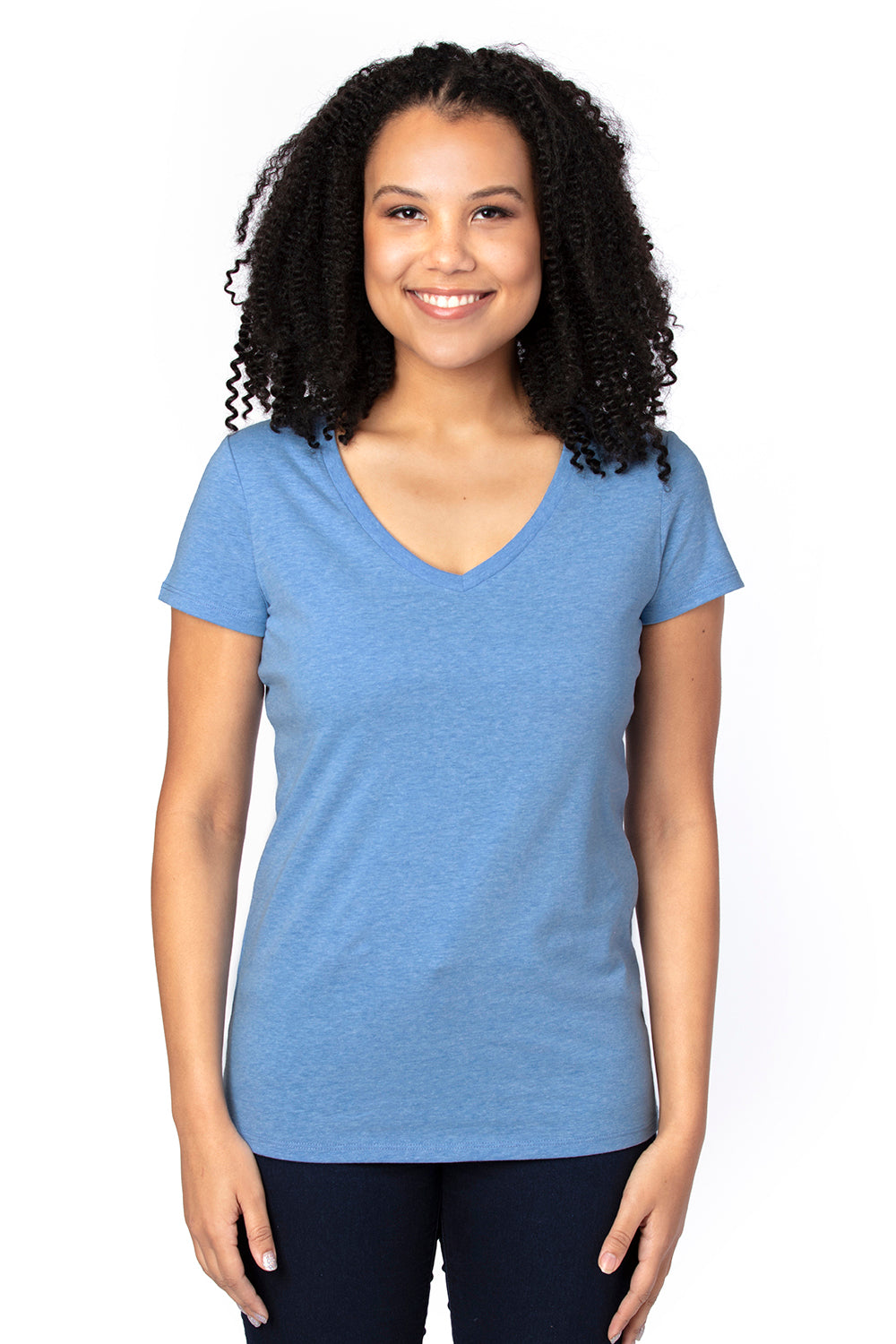 Threadfast Apparel 200RV Womens Ultimate Short Sleeve V-Neck T-Shirt Heather Royal Blue Model Front