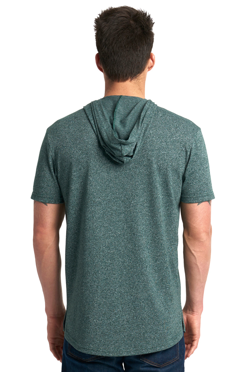 Next Level 2022 Mens Mock Twist Short Sleeve Hooded T-Shirt Hoodie Forest Green Model Back