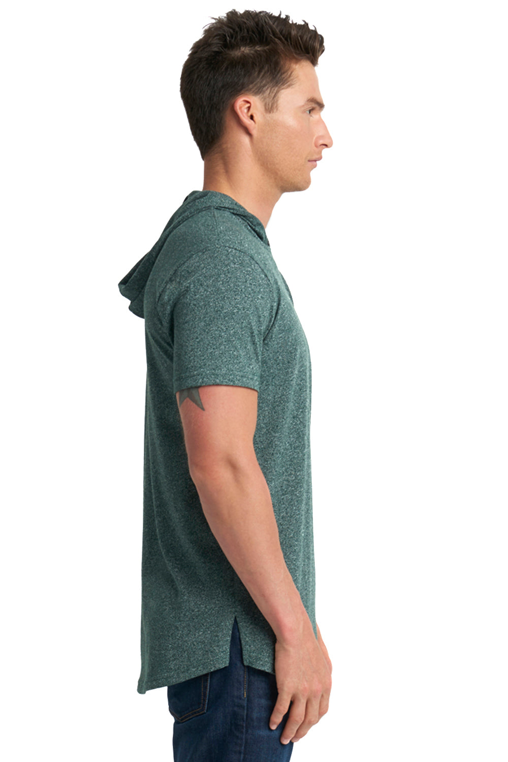 Next Level 2022 Mens Mock Twist Short Sleeve Hooded T-Shirt Hoodie Forest Green Model Side