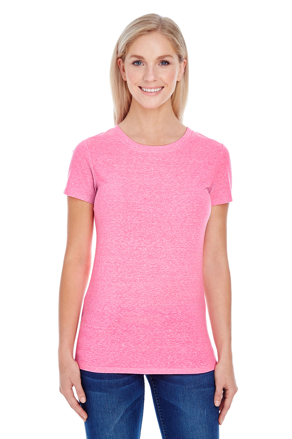 Threadfast Apparel 202A Womens Short Sleeve Crewneck T-Shirt Neon Pink Model Front