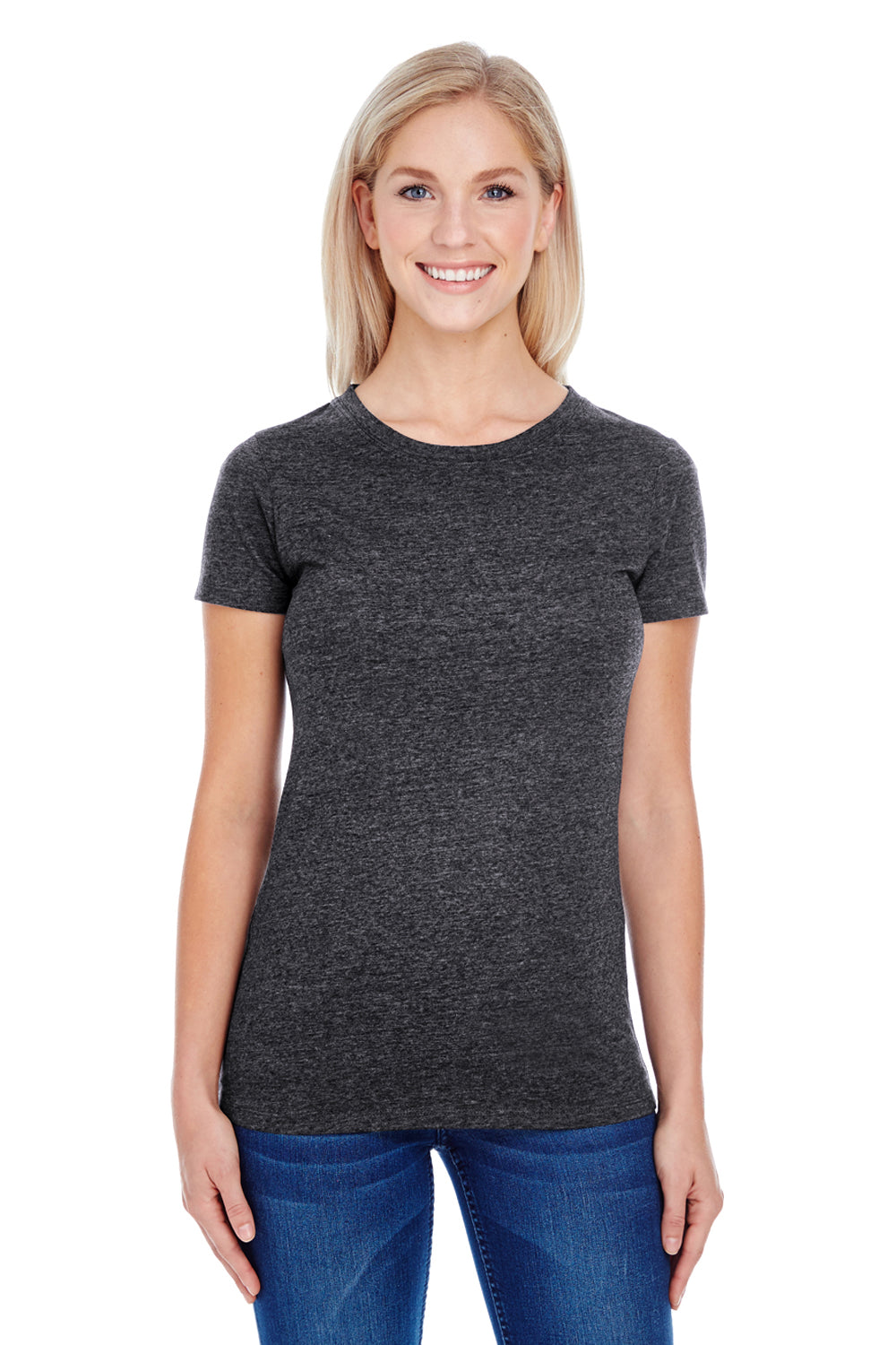 Threadfast Apparel 202A Womens Short Sleeve Crewneck T-Shirt Black Model Front