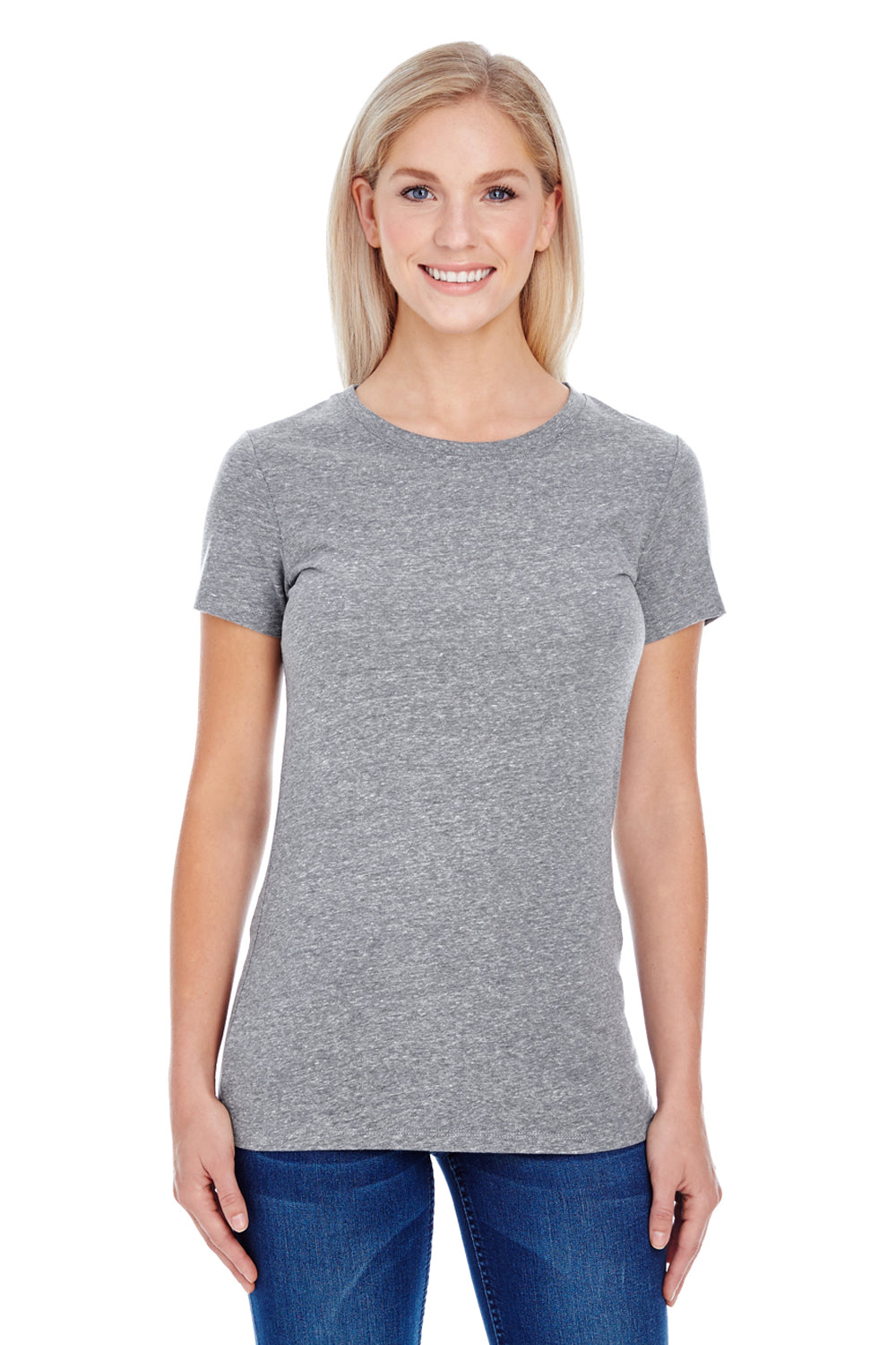 Threadfast Apparel 202A Womens Short Sleeve Crewneck T-Shirt Grey Model Front