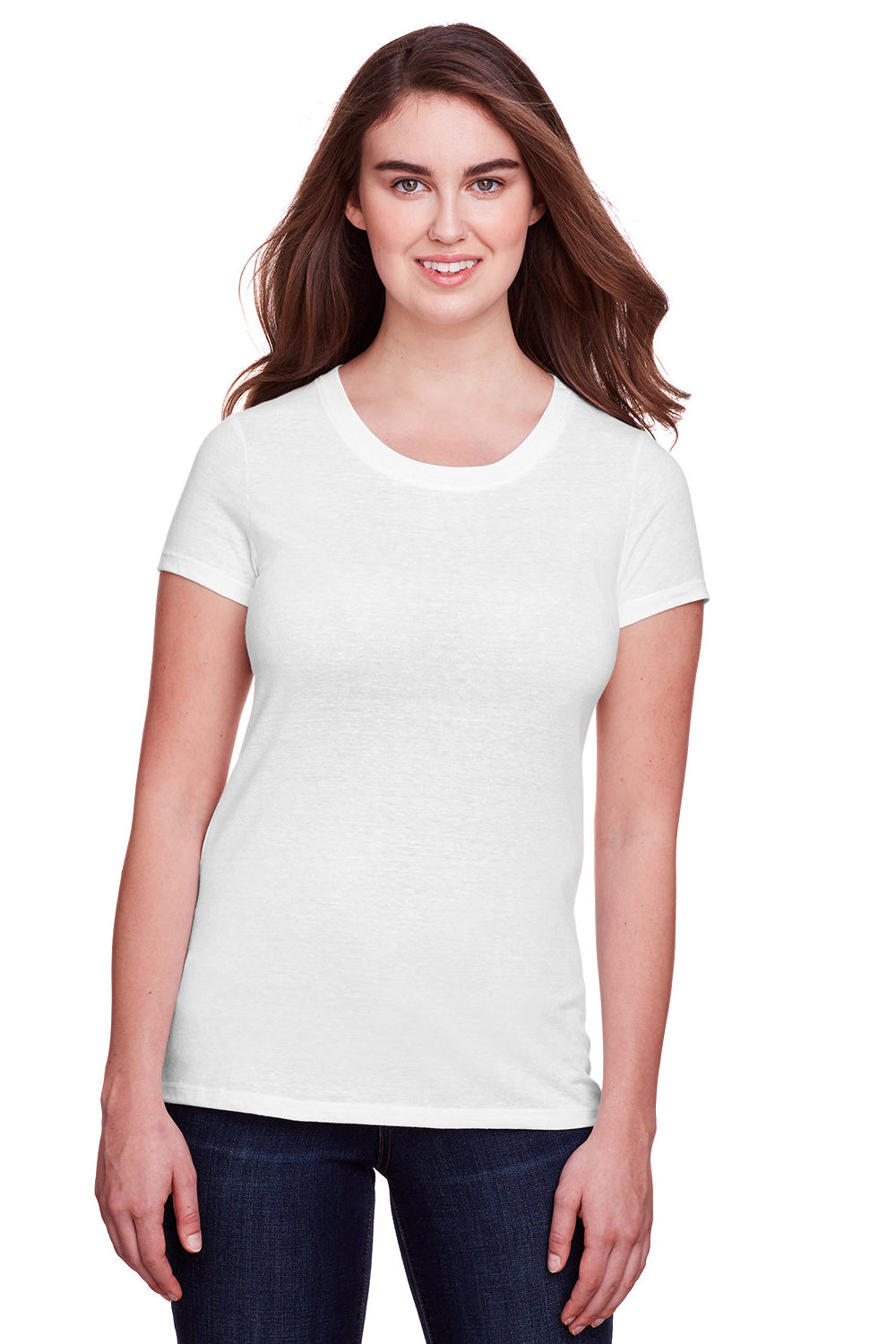 Threadfast Apparel 202A Womens Short Sleeve Crewneck T-Shirt Solid White Model Front