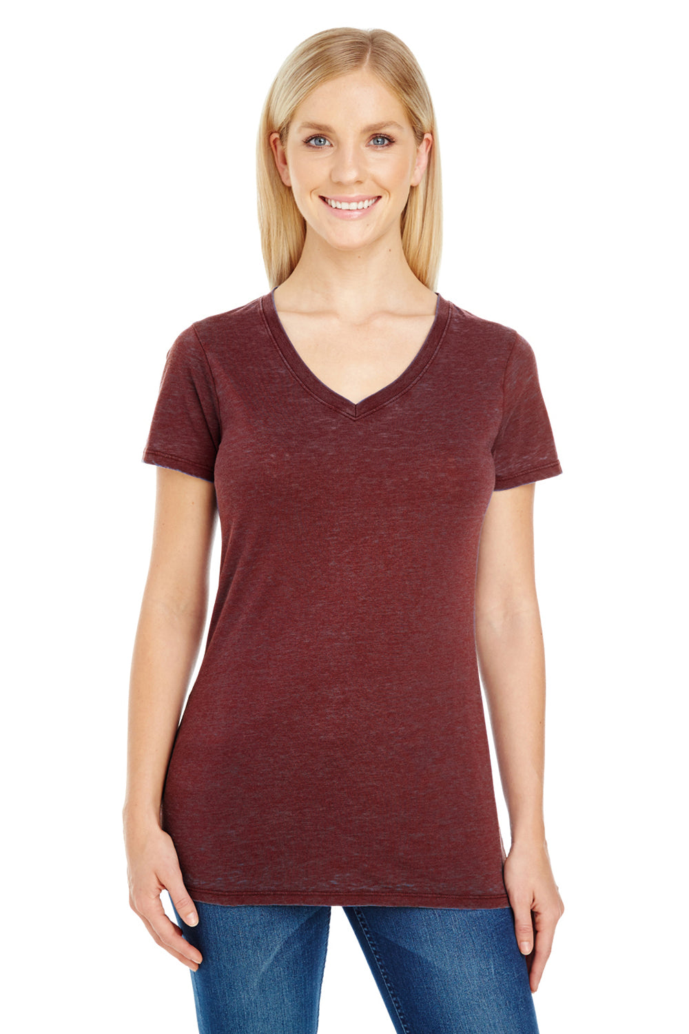 Threadfast Apparel 215B Womens Cross Dye Short Sleeve V-Neck T-Shirt Black Cherry Red Model Front