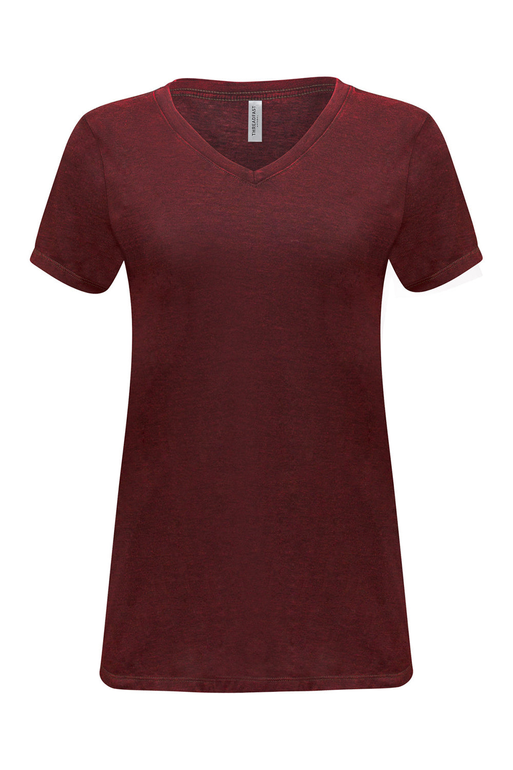 Threadfast Apparel 215B Womens Cross Dye Short Sleeve V-Neck T-Shirt Black Cherry Red Flat Front