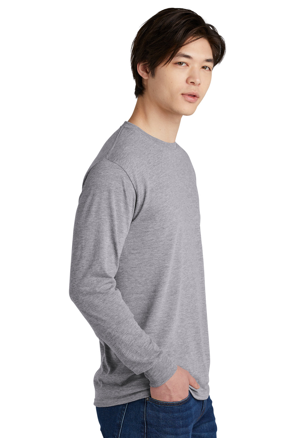 Jerzees 21LS/21ML/21MLR Mens Dri-Power Moisture Wicking Long Sleeve Crewneck T-Shirt Heather Grey Model Side