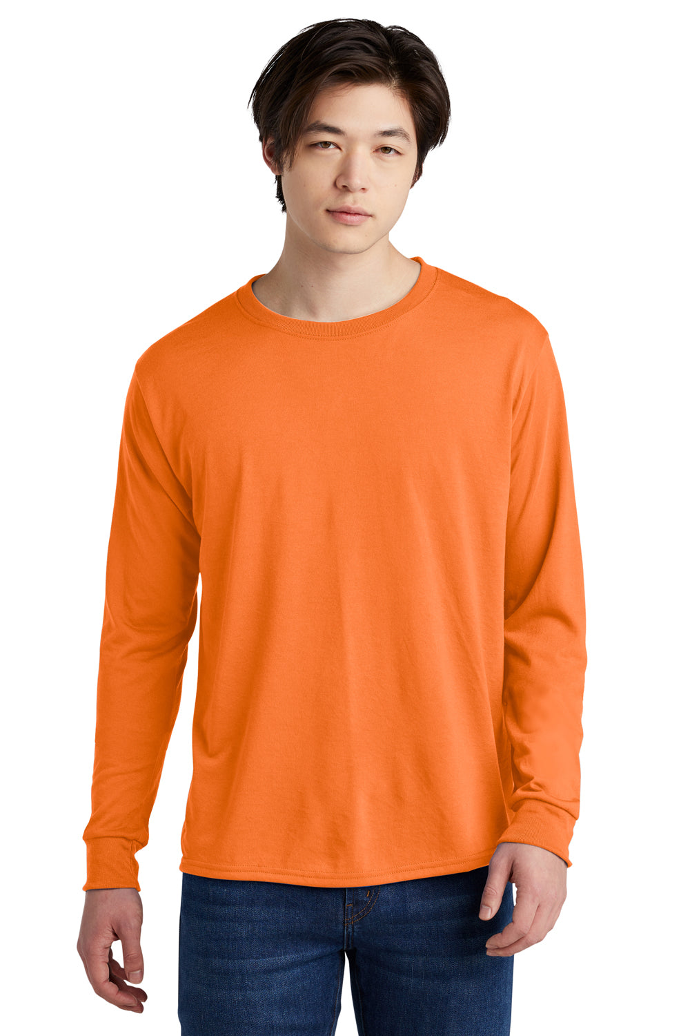 Jerzees 21LS/21ML/21MLR Mens Dri-Power Moisture Wicking Long Sleeve Crewneck T-Shirt Safety Orange Model Front