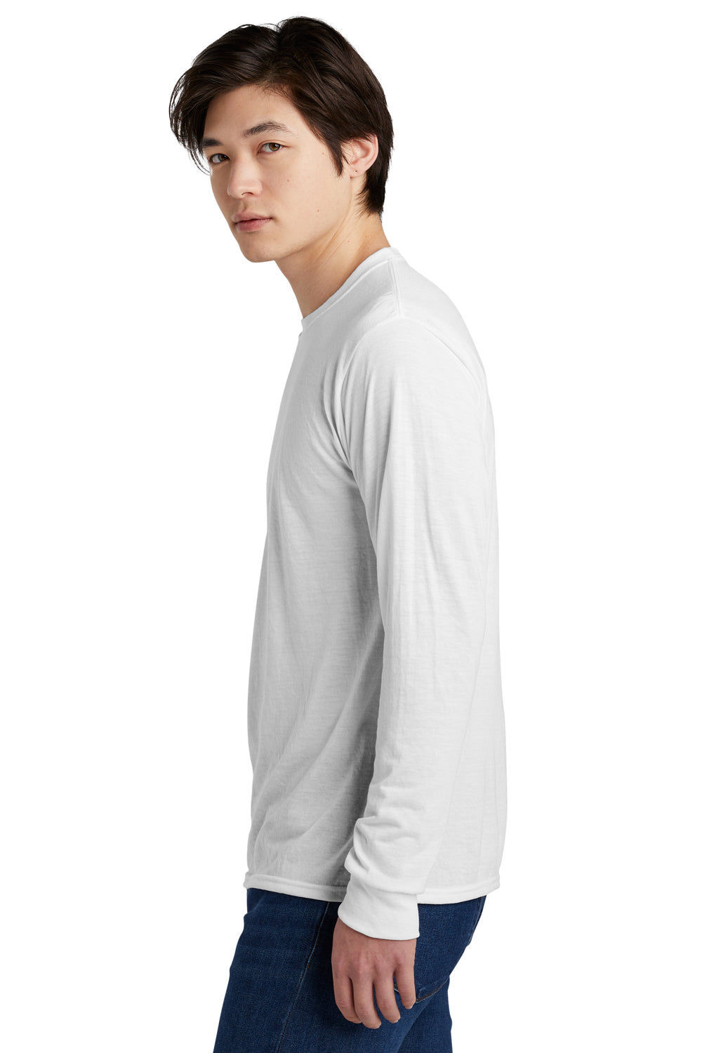 Jerzees 21LS/21ML/21MLR Mens Dri-Power Moisture Wicking Long Sleeve Crewneck T-Shirt White Model Side