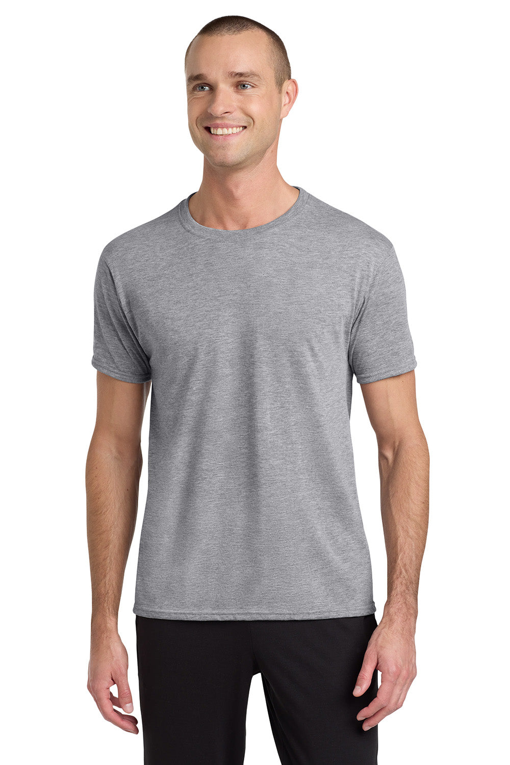 Jerzees 21M/21MR Mens Dri-Power Moisture Wicking Short Sleeve Crewneck T-Shirt Heather Grey Model Front