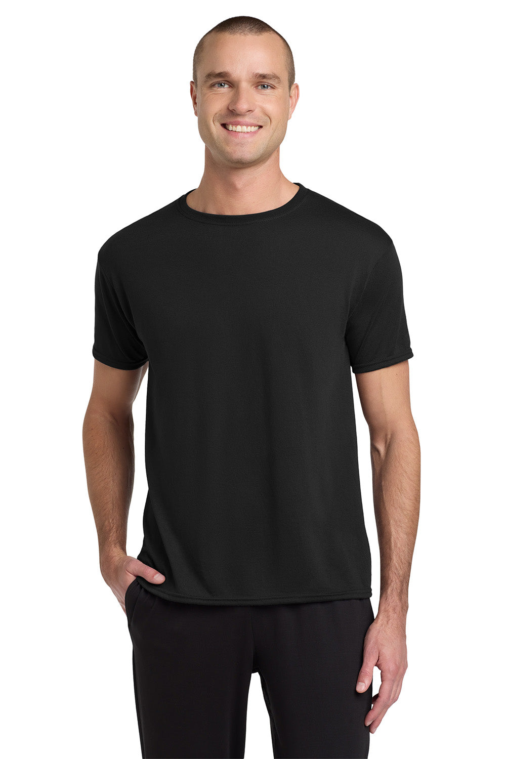 Jerzees 21M/21MR Mens Dri-Power Moisture Wicking Short Sleeve Crewneck T-Shirt Black Model Front