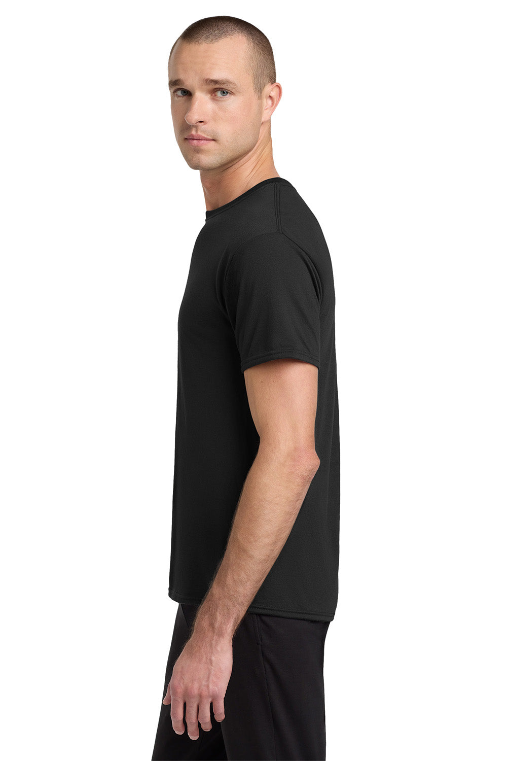 Jerzees 21M/21MR Mens Dri-Power Moisture Wicking Short Sleeve Crewneck T-Shirt Black Model Side