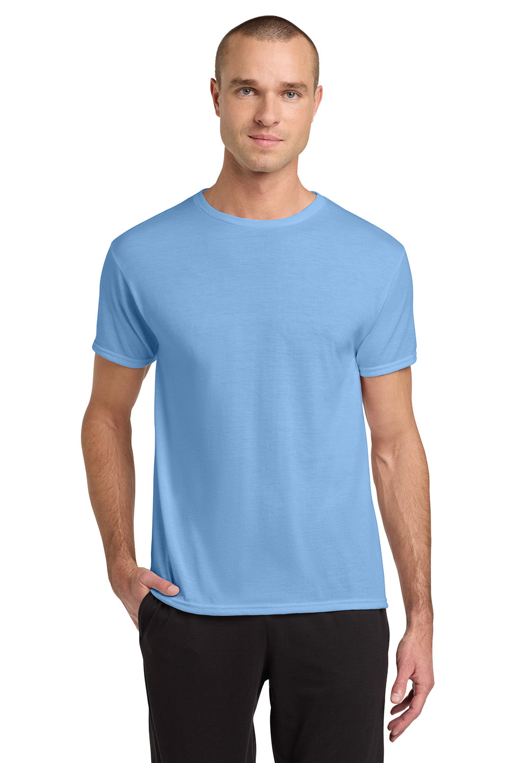 Jerzees 21M/21MR Mens Dri-Power Moisture Wicking Short Sleeve Crewneck T-Shirt Light Blue Model Front