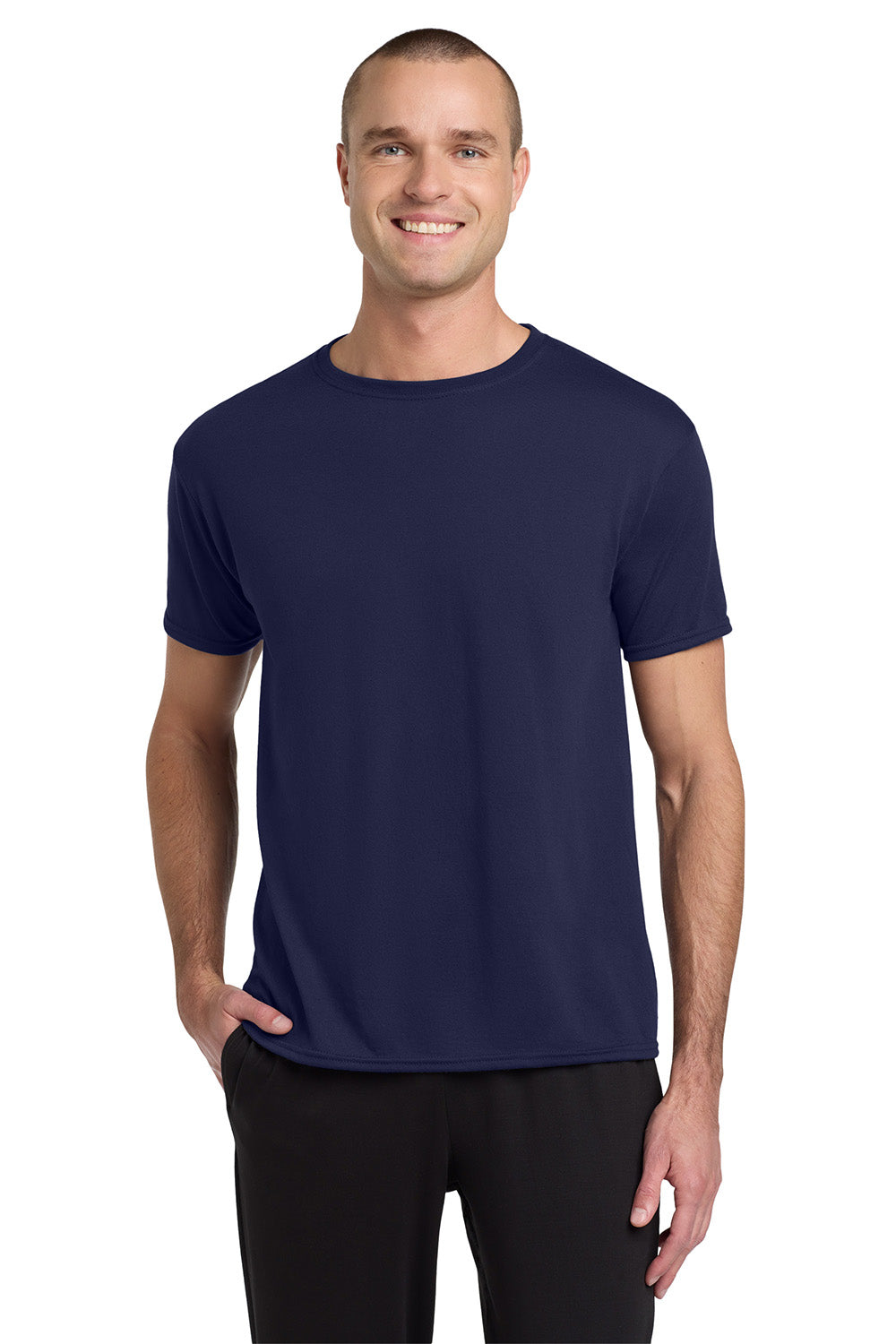 Jerzees 21M/21MR Mens Dri-Power Moisture Wicking Short Sleeve Crewneck T-Shirt Navy Blue Model Front