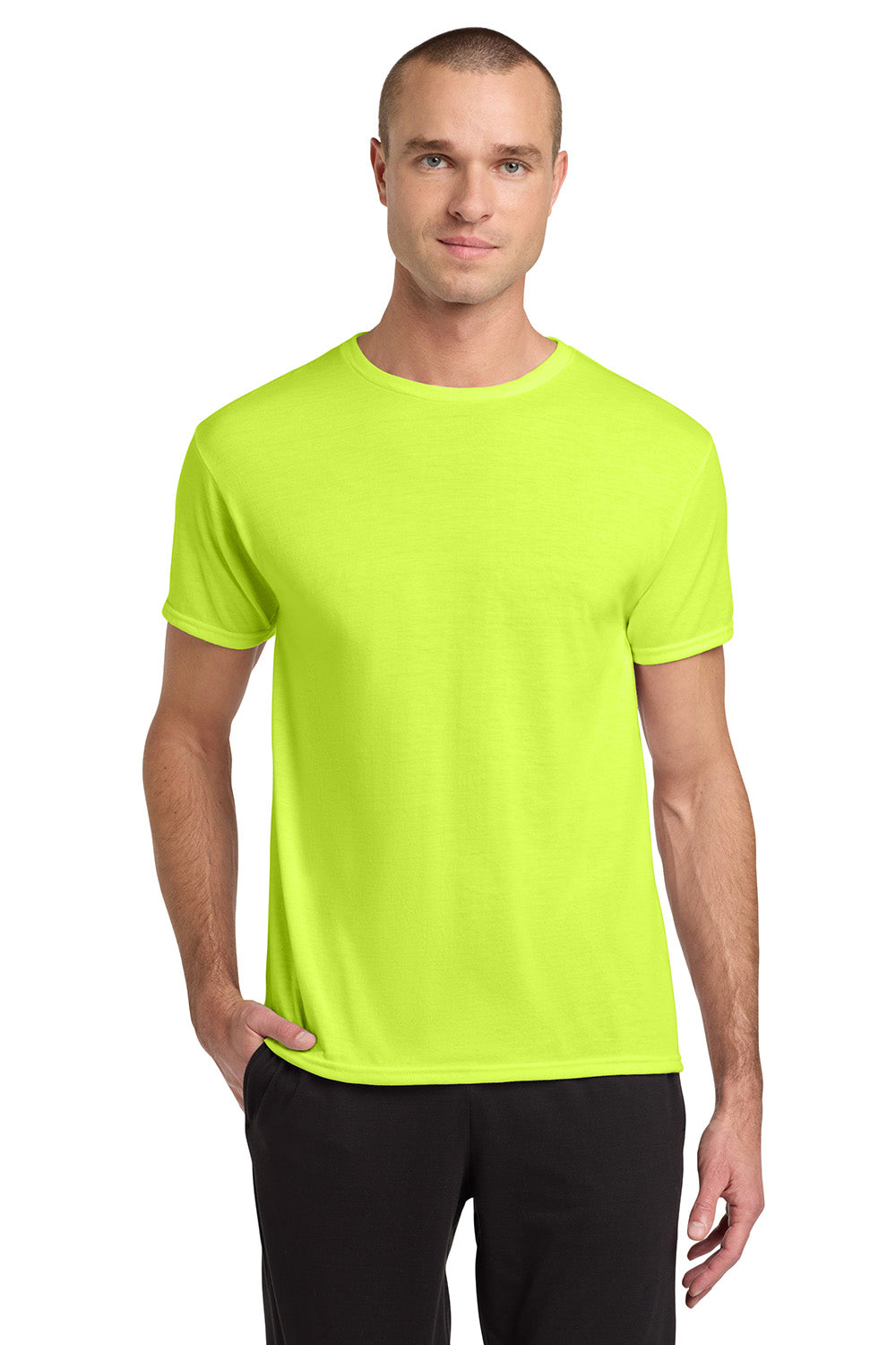 Jerzees 21M/21MR Mens Dri-Power Moisture Wicking Short Sleeve Crewneck T-Shirt Safety Green Model Front