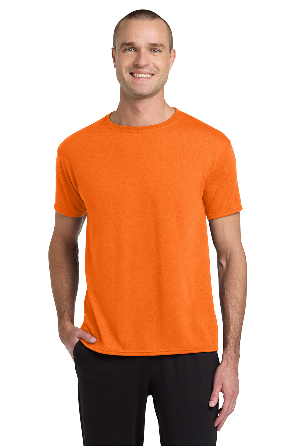 Jerzees 21M/21MR Mens Dri-Power Moisture Wicking Short Sleeve Crewneck T-Shirt Safety Orange Model Front