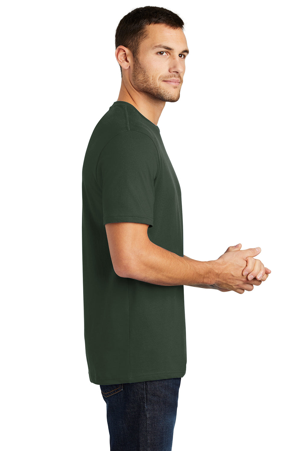 District DT104 Mens Perfect Weight Short Sleeve Crewneck T-Shirt Forest Green Model Side