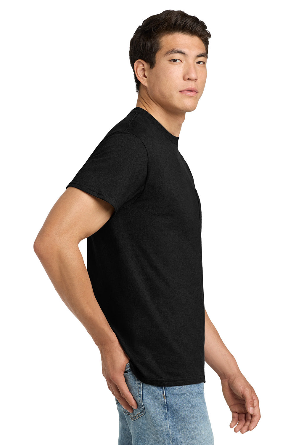 Gildan 2300/G230 Mens Ultra Short Sleeve Crewneck T-Shirt w/ Pocket Black Model Side