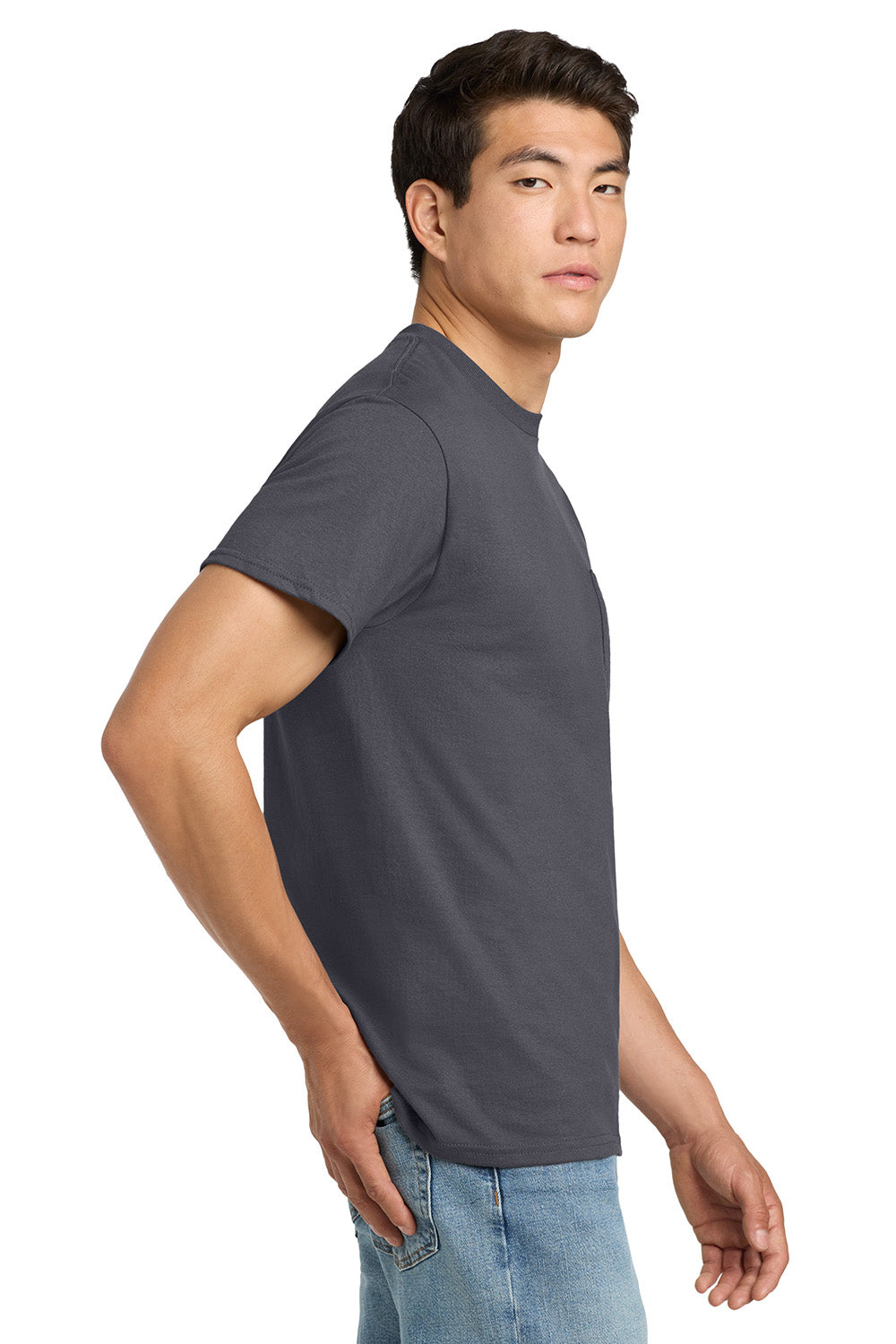 Gildan 2300/G230 Mens Ultra Short Sleeve Crewneck T-Shirt w/ Pocket Charcoal Grey Model Side