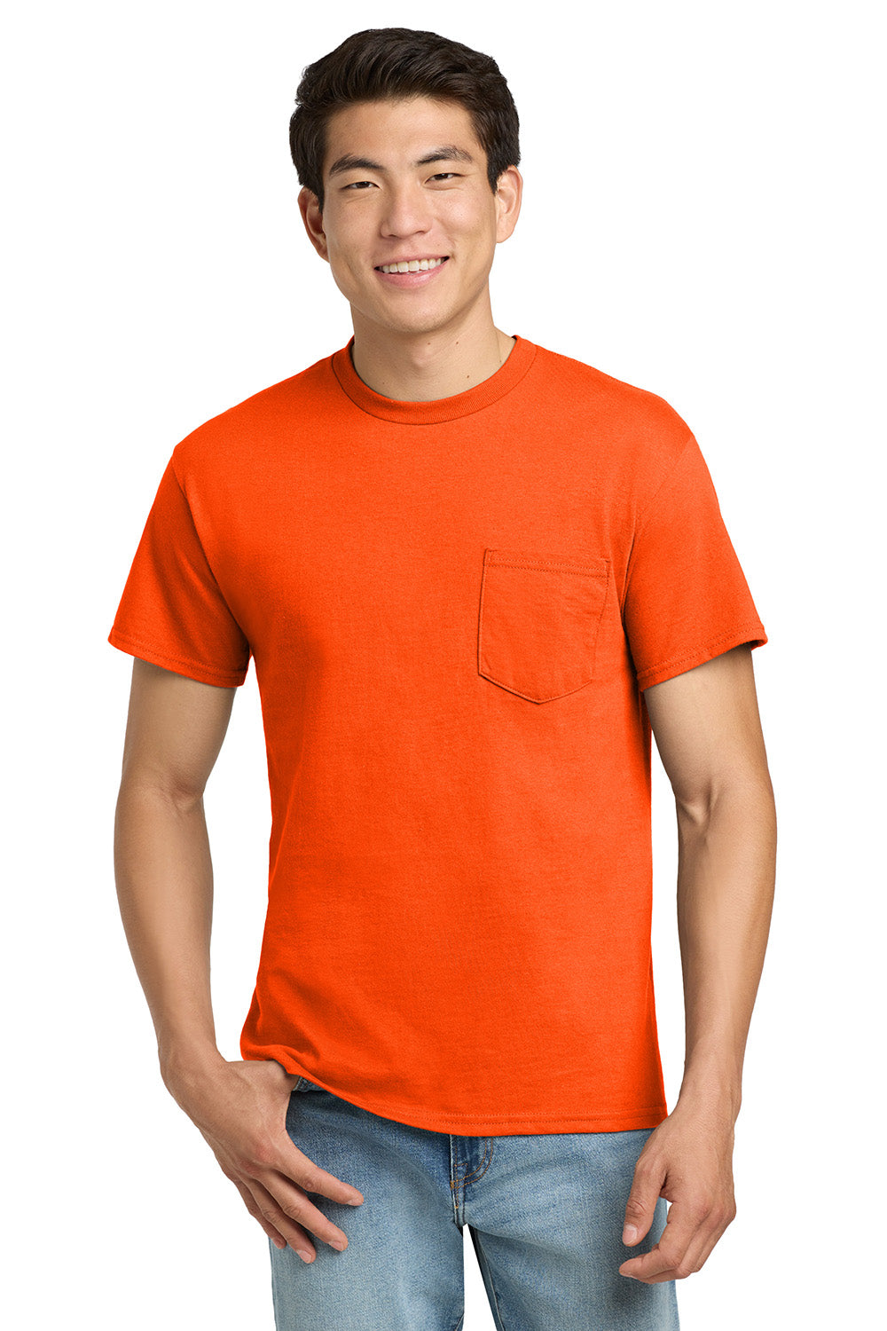 Gildan 2300/G230 Mens Ultra Short Sleeve Crewneck T-Shirt w/ Pocket Safety Orange Model Front