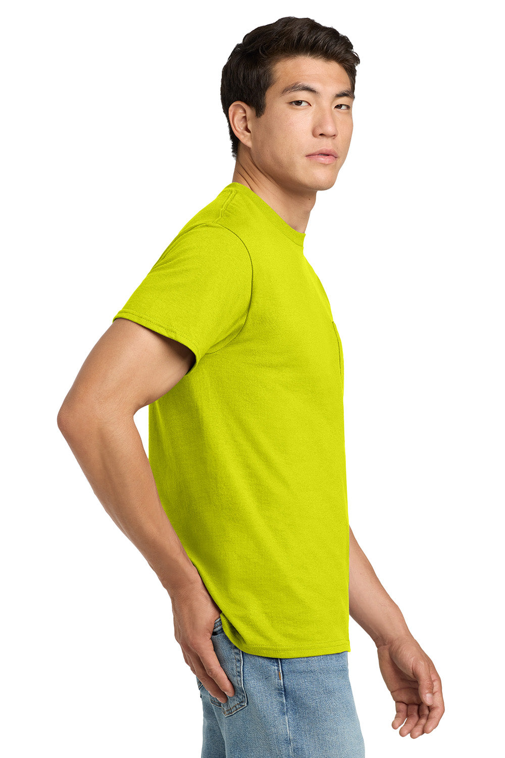 Gildan 2300/G230 Mens Ultra Short Sleeve Crewneck T-Shirt w/ Pocket Safety Green Model Side