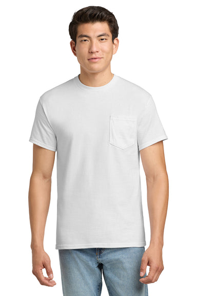 Gildan 2300/G230 Mens Ultra Short Sleeve Crewneck T-Shirt w/ Pocket White Model Front