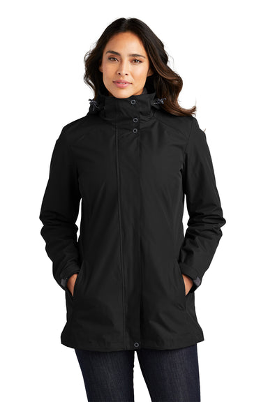 Port Authority L123 Womens All Weather 3-in-1 Water Resistant Full Zip Hooded Jacket Black Model Front