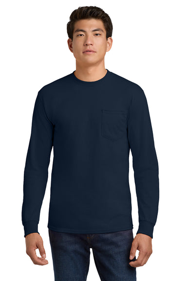 Gildan 2410/G241 Mens Ultra Long Sleeve Crewneck T-Shirt w/ Pocket Navy Blue Model Front