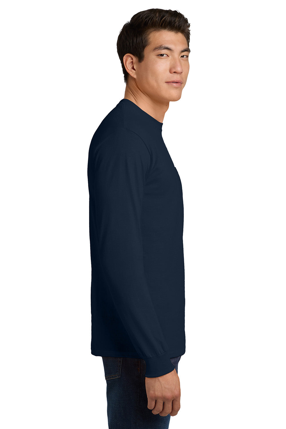 Gildan 2410/G241 Mens Ultra Long Sleeve Crewneck T-Shirt w/ Pocket Navy Blue Model Side