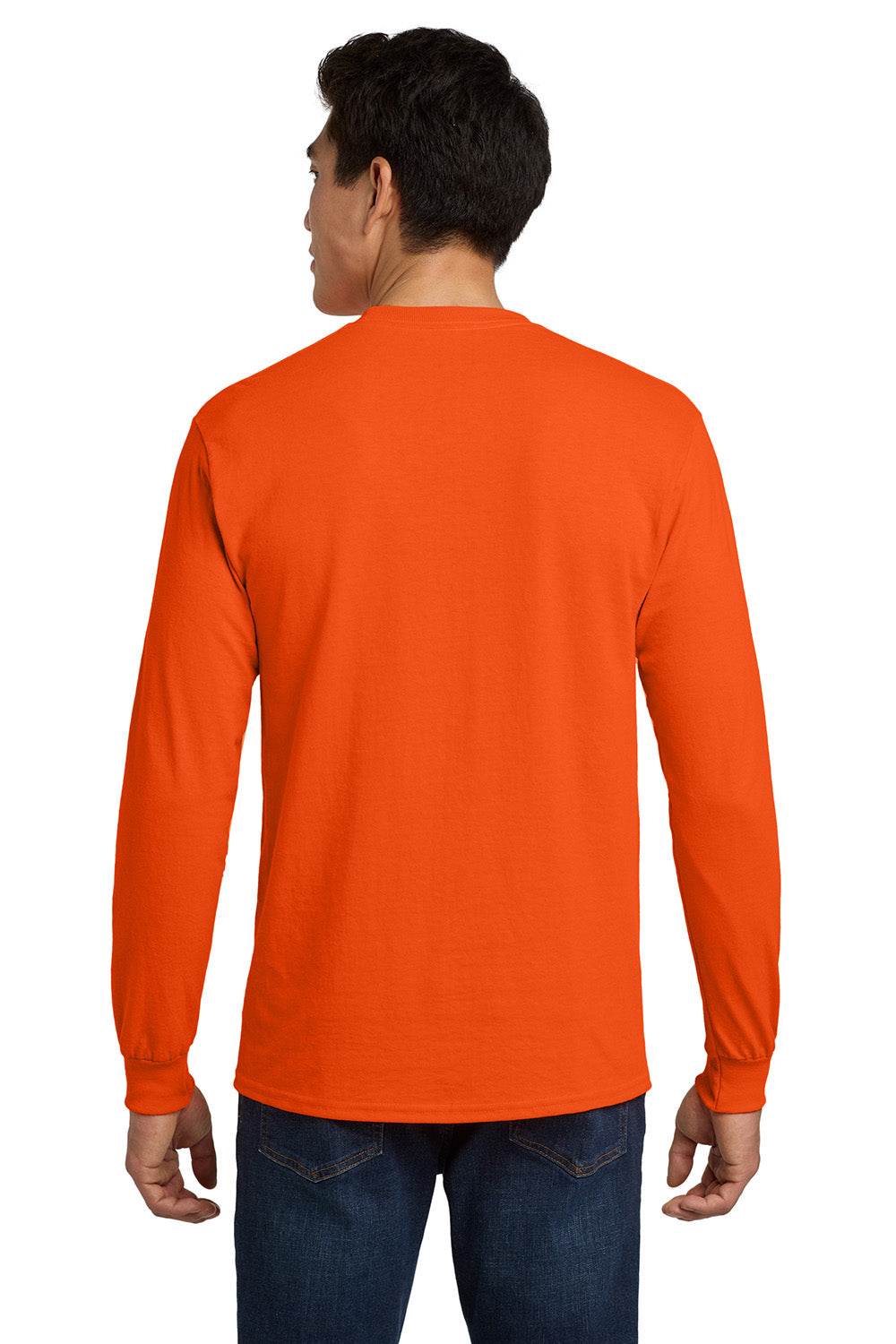 Gildan 2410/G241 Mens Ultra Long Sleeve Crewneck T-Shirt w/ Pocket Safety Orange Model Back