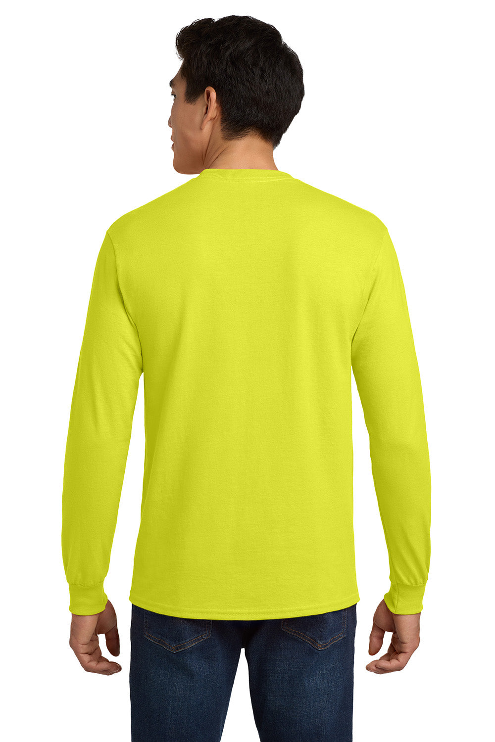 Gildan 2410/G241 Mens Ultra Long Sleeve Crewneck T-Shirt w/ Pocket Safety Green Model Back