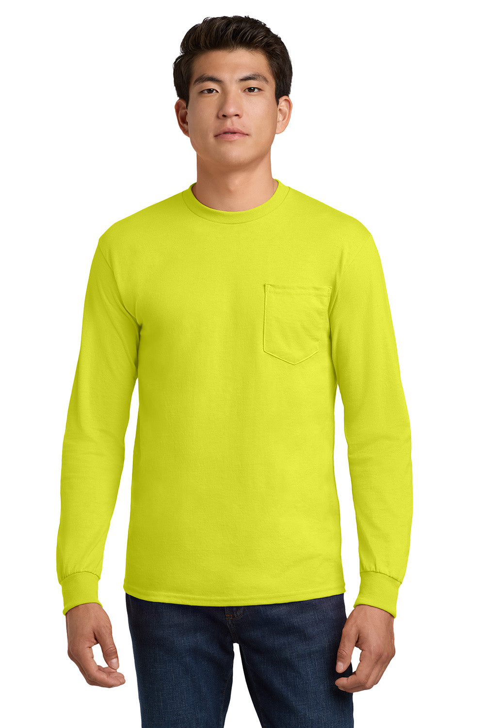 Gildan 2410/G241 Mens Ultra Long Sleeve Crewneck T-Shirt w/ Pocket Safety Green Model Front