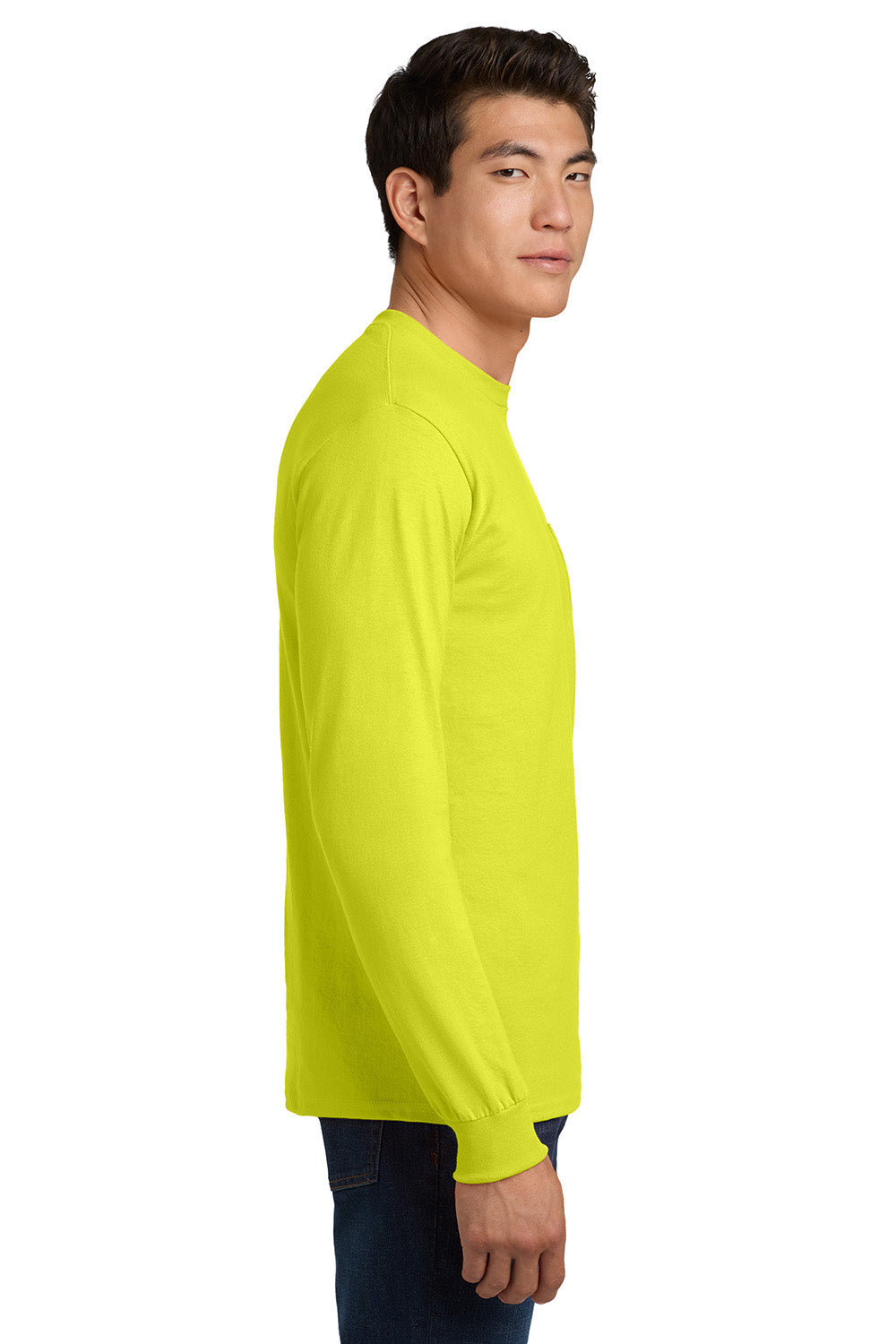 Gildan 2410/G241 Mens Ultra Long Sleeve Crewneck T-Shirt w/ Pocket Safety Green Model Side