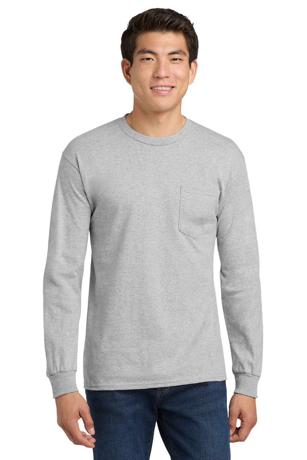 Gildan 2410/G241 Mens Ultra Long Sleeve Crewneck T-Shirt w/ Pocket Sport Grey Model Front