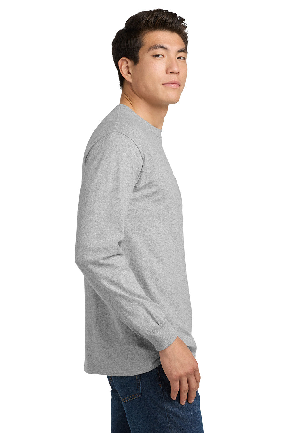 Gildan 2410/G241 Mens Ultra Long Sleeve Crewneck T-Shirt w/ Pocket Sport Grey Model Side