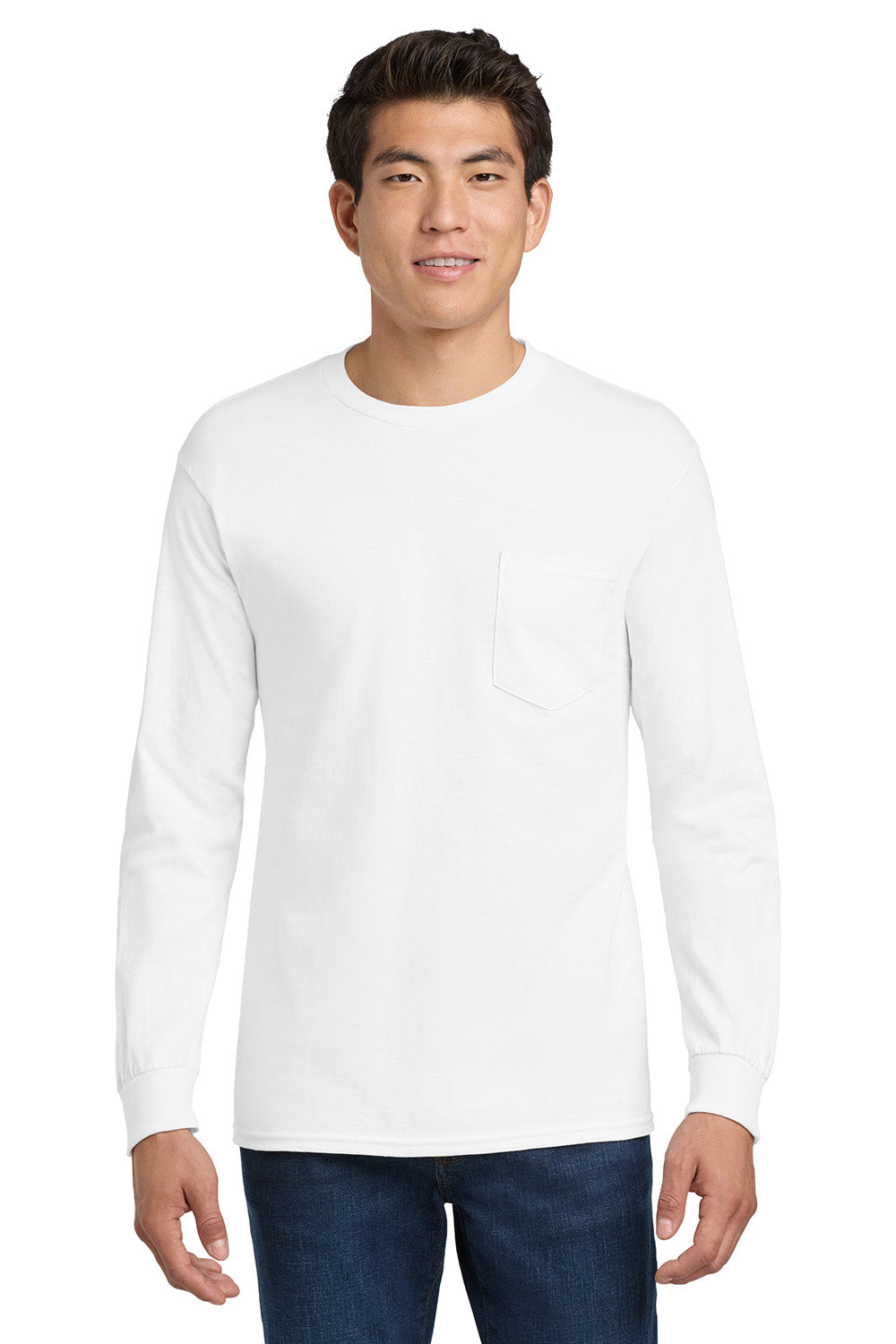 Gildan 2410/G241 Mens Ultra Long Sleeve Crewneck T-Shirt w/ Pocket White Model Front